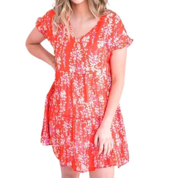 NWT ePretty Floral Tiered V Neck Ruffle Sleeve‎ Mini Dress Red White Size Medium - Picture 1 of 10